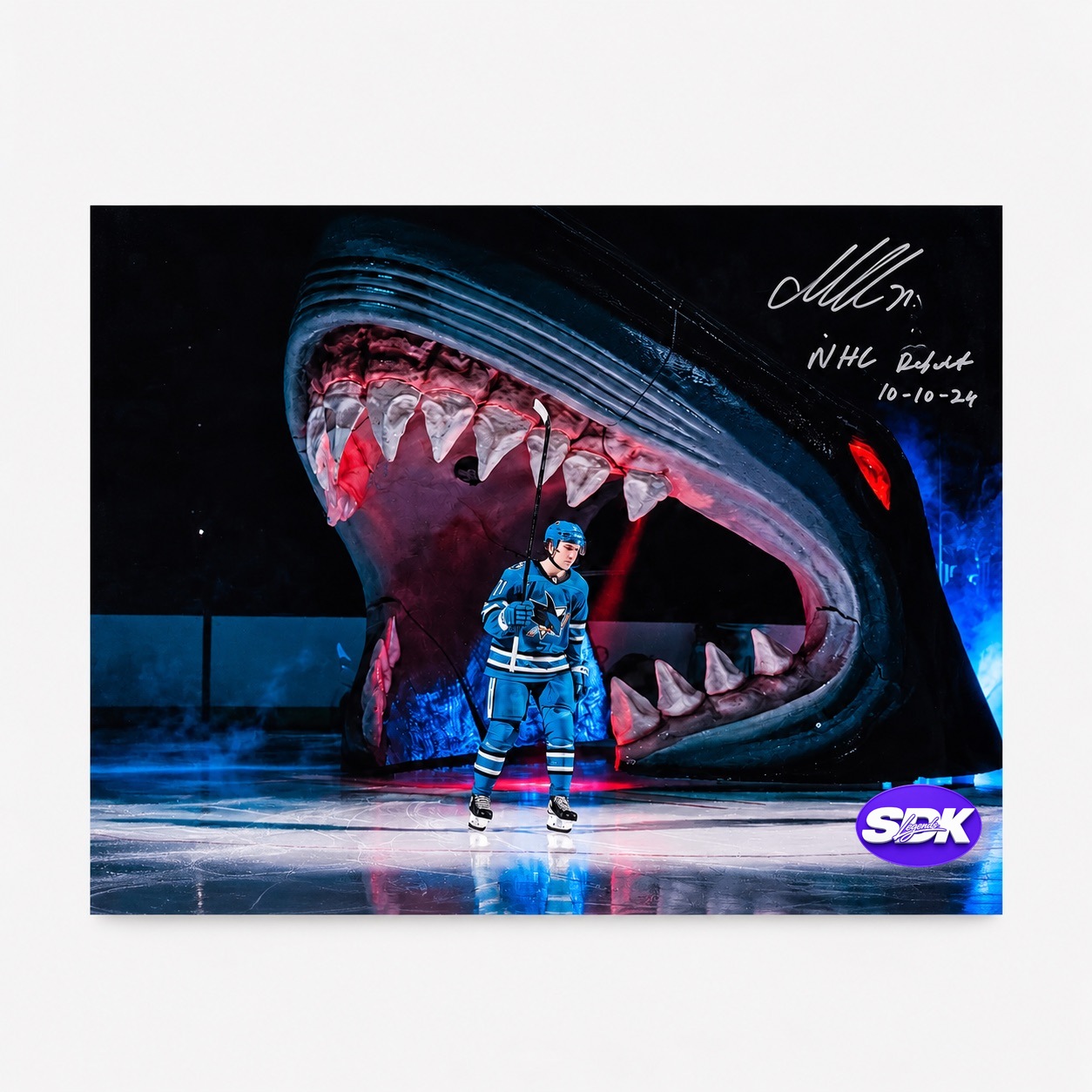 Macklin Celebrini Signed San Jose Sharks Debut Framed Photo Fanatics COA