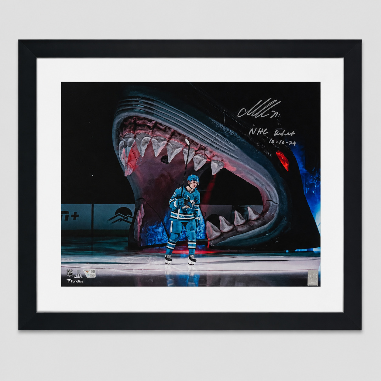 Macklin Celebrini Signed NHL Debut Framed San Jose Sharks Photo Fanatics Authenticated COA