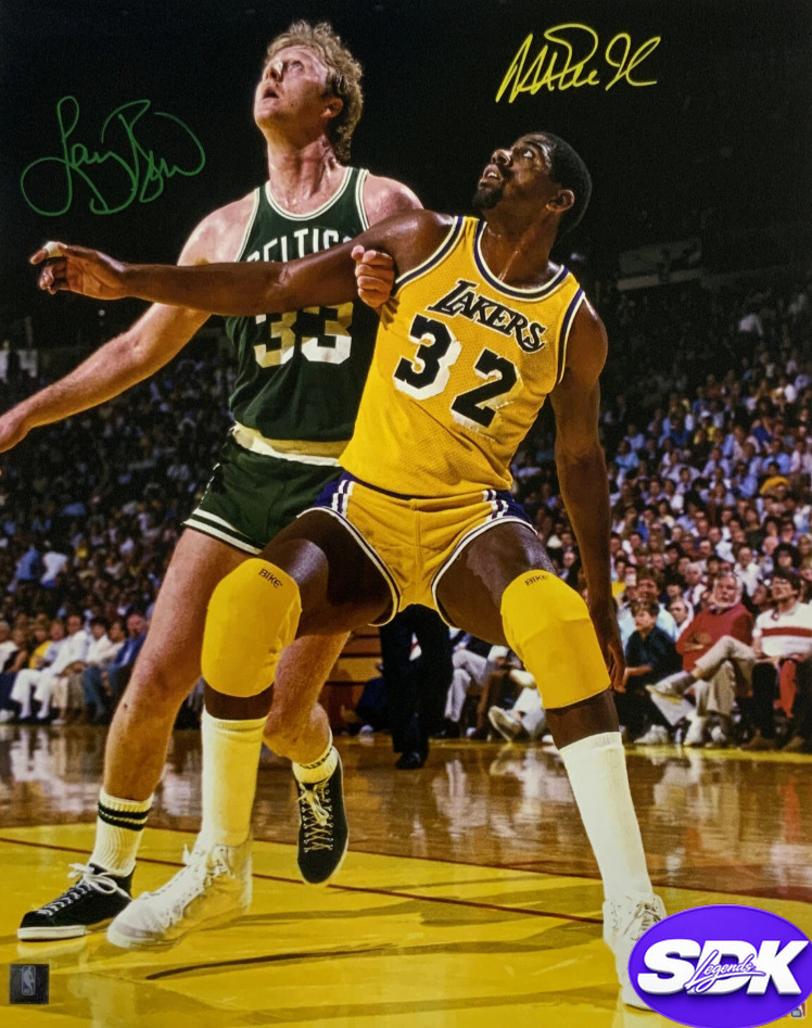 Magic Johnson and Larry Bird Signed Los Angeles Lakers Photo PSA COA